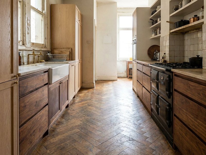 Petite cuisine en couloir aménagée à Lyon avec plan de travail continu et colonnes de rangement