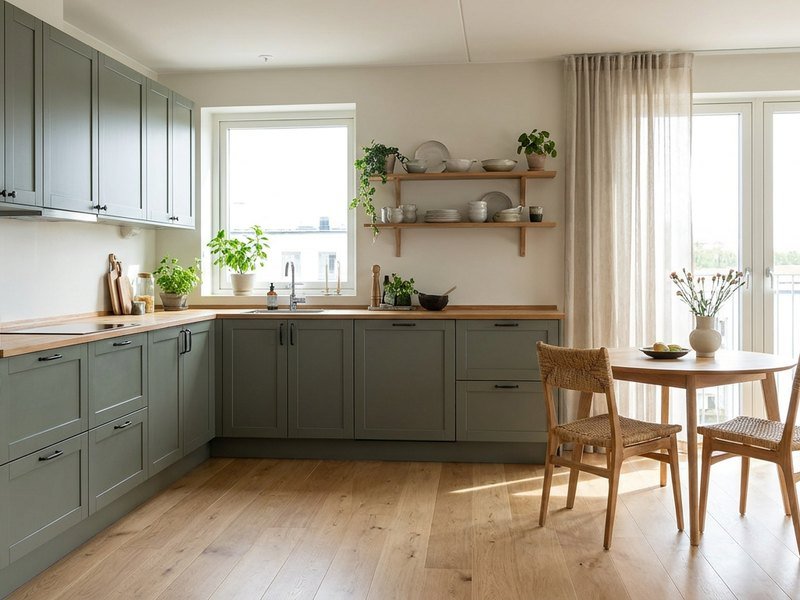 Cuisine en L aménagée dans un appartement lyonnais avec angle exploité et coin repas