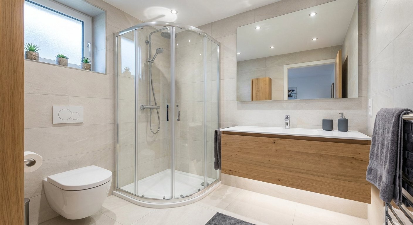 Petite salle de bain lyonnaise optimisée : douche à l'italienne d'angle, meuble et WC suspendus