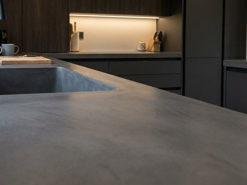 Plan de travail de cuisine en béton ciré sur-mesure autour de l'évier à Lyon