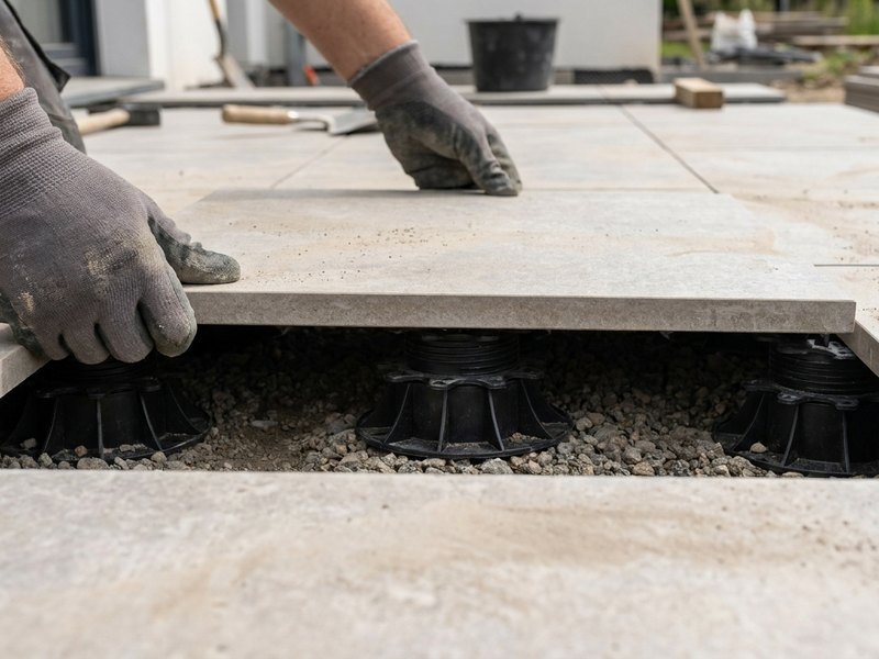 Pose de dalles de grès cérame sur plots réglables pour une terrasse extérieure à Lyon