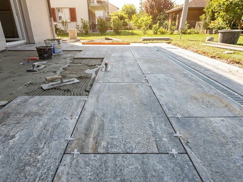 Carrelage extérieur grand format collé sur chape avec pente d'évacuation à Lyon