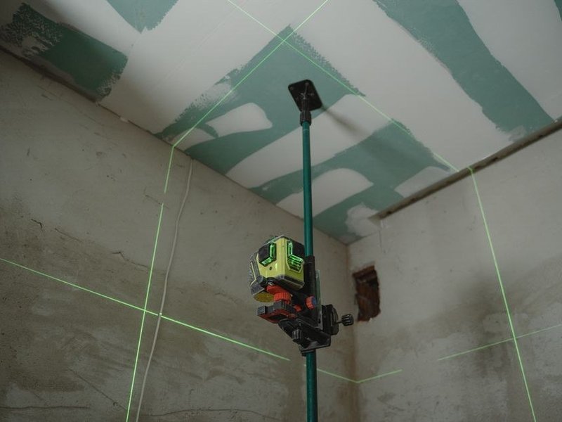 Traçage au laser de l'axe de calepinage avant la pose du carrelage dans un appartement de canut aux murs pas d'équerre à la Croix-Rousse à Lyon 4