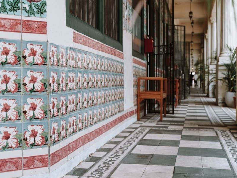 Carreaux de ciment anciens nettoyés et protégés dans l'entrée d'un appartement de standing des années trente à Lyon 8