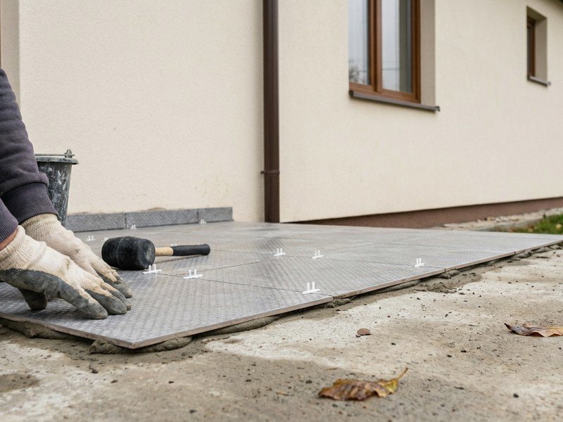 Pose de carrelage extérieur antidérapant sur la terrasse d'une maison de Saint-Priest avec pente d'écoulement