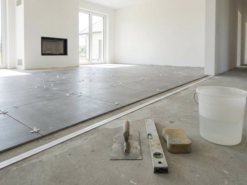 Séjour de pavillon de lotissement carrelé sur toute sa longueur en grand format à Saint-Priest