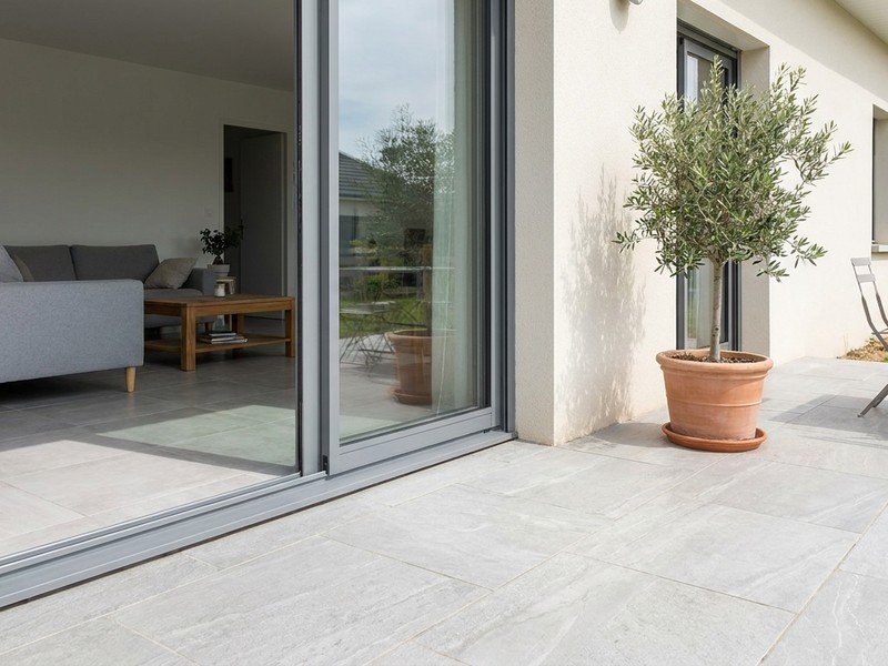 Continuité de carrelage entre le séjour et la terrasse d'une maison de plain-pied à Saint-Priest