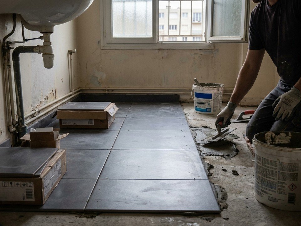 Carreleur posant un carrelage en grès cérame résistant au sol d'une salle de bain d'appartement de grand ensemble aux Minguettes à Vénissieux, remise en état au budget maîtrisé