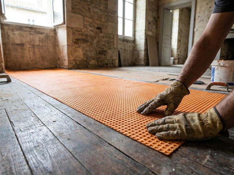 Pose d'une natte de désolidarisation sur le plancher d'un appartement villeurbannais avant la pose du carrelage