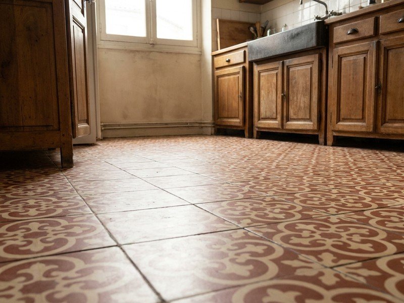 Petite cuisine d'appartement ancien recarrelée au sol avec un carreau format adapté à Villeurbanne