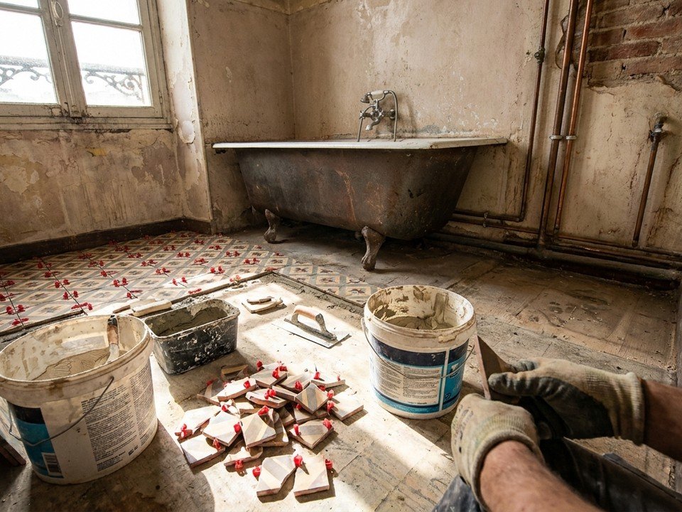 Carreleur posant le carrelage au sol d'une petite salle de bain dans un appartement ancien de copropriété en brique à Villeurbanne