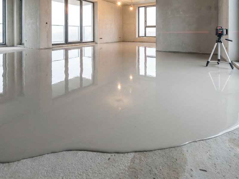Coulage d'une chape liquide anhydrite étalée à la barre de nivellement à Lyon