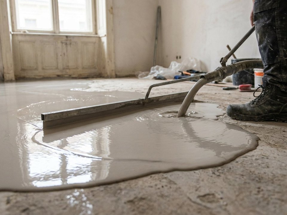 Coulage d'une chape liquide anhydrite étalée au sol dans une pièce en rénovation à Lyon