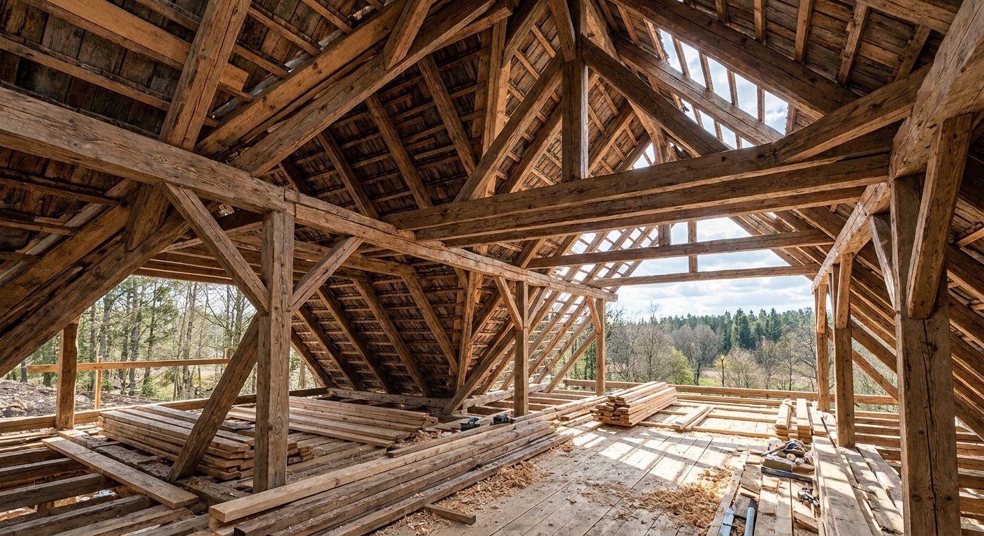 Charpente traditionnelle en bois d'une maison en construction à Lyon