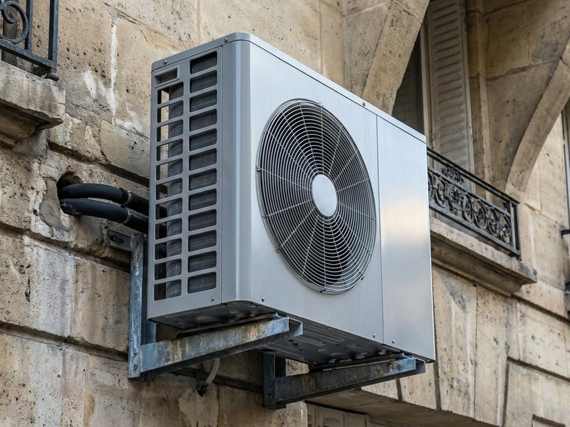 Unité extérieure de pompe à chaleur installée sur un immeuble de la métropole de Lyon