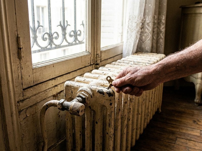 Radiateur en fonte d'origine froid en partie basse dans un appartement des années 30 à Villeurbanne