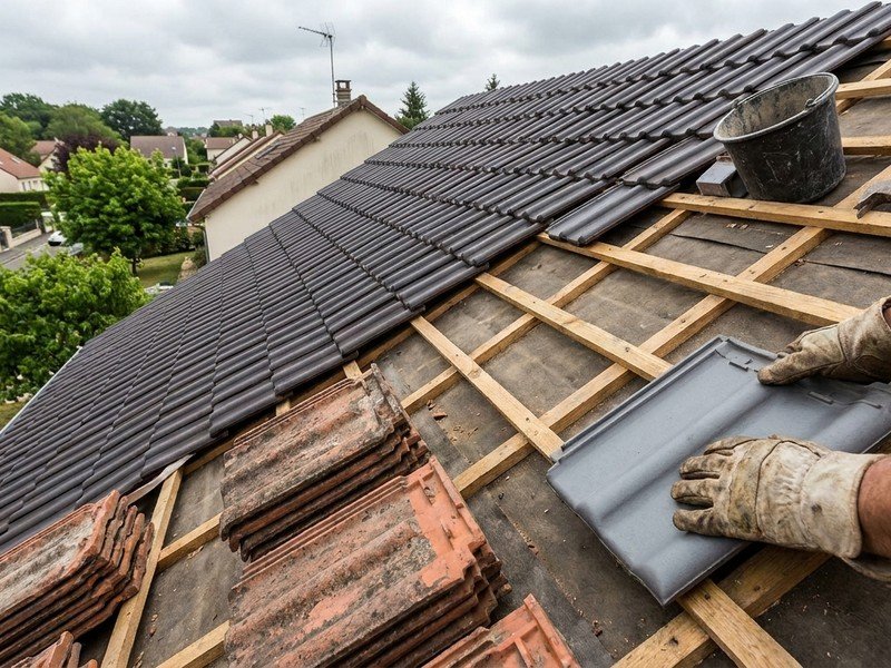 Réfection d'une toiture de pavillon des années 60-70 à Bron, dépose des tuiles béton poreuses et pose de tuiles neuves sur liteaux