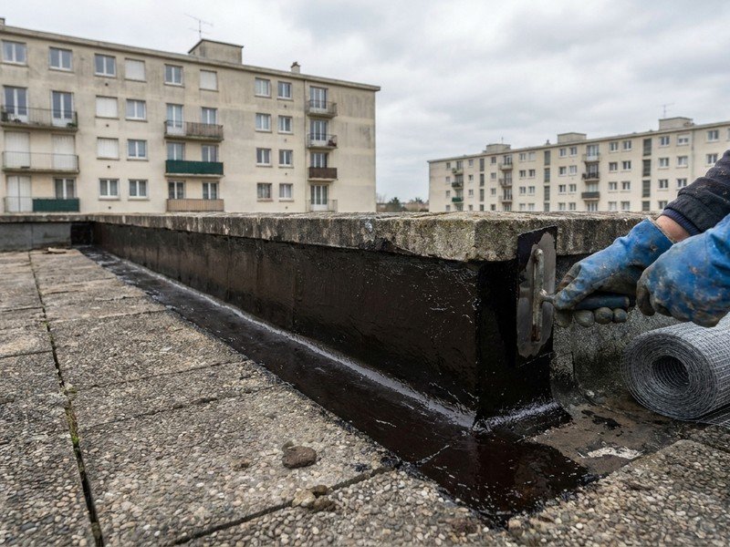 Reprise de l'étanchéité d'un toit-terrasse sur un immeuble de grand ensemble à Bron, traitement des relevés en pied d'acrotère