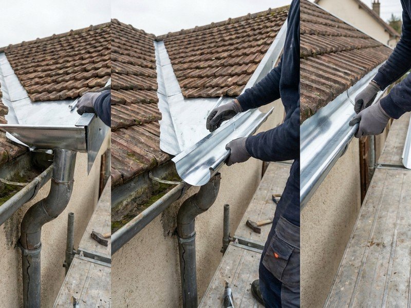 Remplacement des gouttières et de la descente d'eau pluviale usées d'un pavillon à Bron pendant la reprise de la couverture