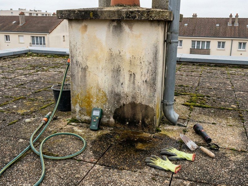 Recherche d'une infiltration au niveau d'une descente d'eau pluviale sur un toit-terrasse de grand ensemble à Bron