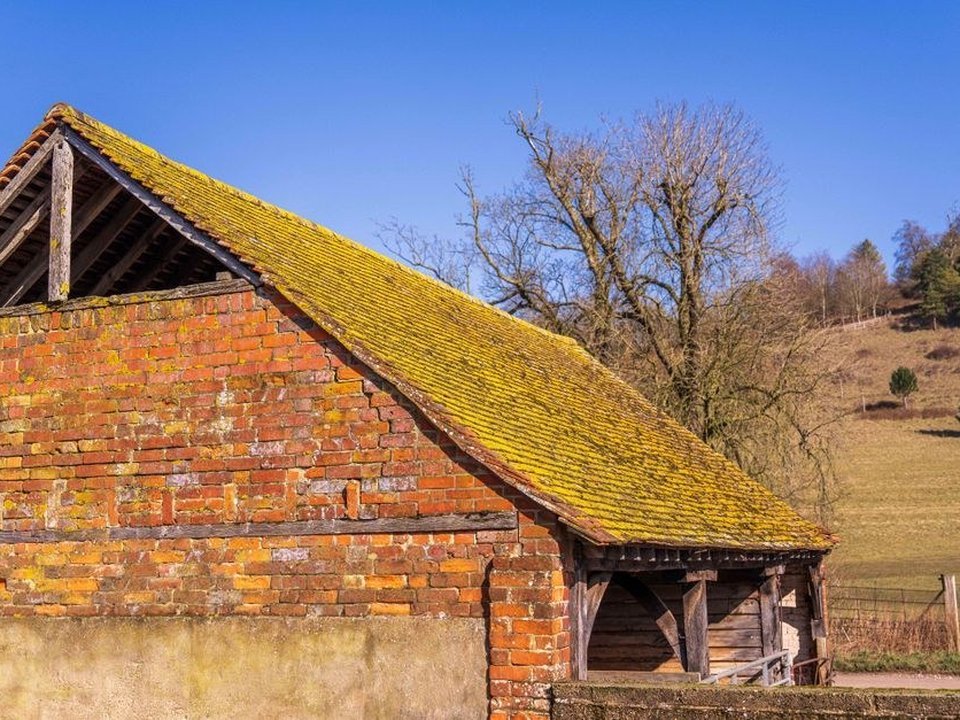 Couvreur retirant la mousse sur la grande toiture en tuile d'une ancienne ferme du plateau agricole de Communay
