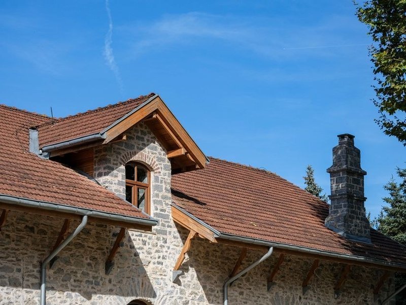 Souche de cheminée et chéneaux d'une maison de pierre de Courzieu, zinguerie à reprendre près des bois