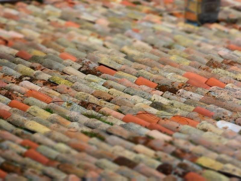 Infiltration sous une tuile poreuse envahie de mousse sur une toiture de maison de coteau boisé à Francheville avant réfection