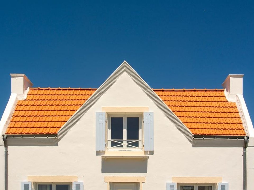 Toiture en tuiles d'un pavillon de lotissement à Grézieu-la-Varenne, châssis de combles aménagés et pan nord à démousser