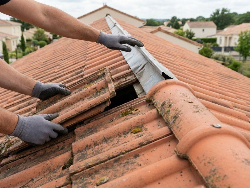 Repose de tuiles béton déplacées par le vent et contrôle du faîtage sur la toiture d'une maison récente à Meyzieu