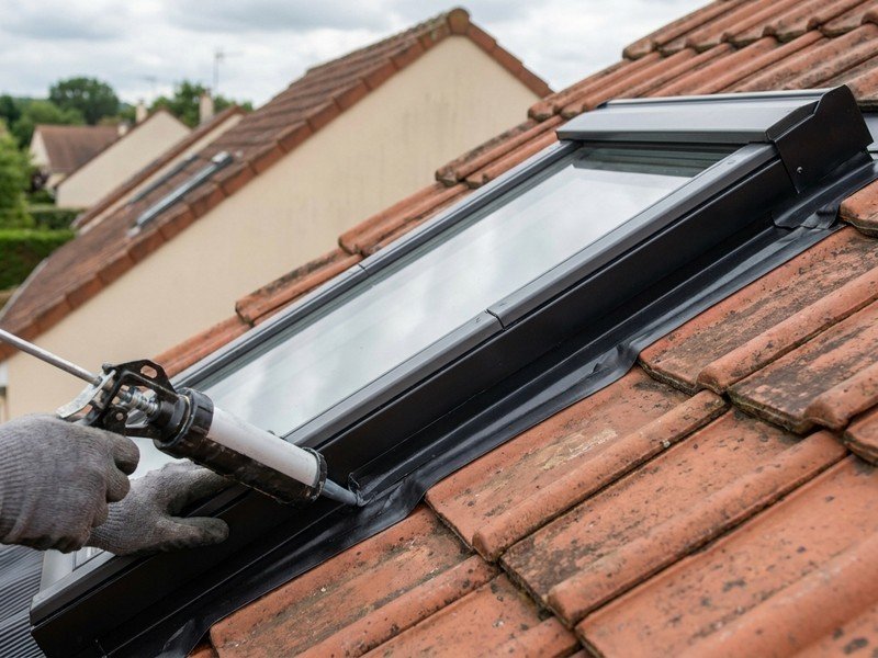 Remplacement d'une fenêtre de toit velux sur les combles aménagés d'un pavillon récent à Meyzieu, reprise de l'étanchéité autour du cadre