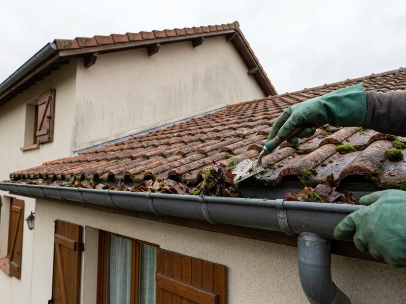 Nettoyage d'une gouttière PVC encombrée de feuilles et de mousse sur un pavillon récent à Meyzieu