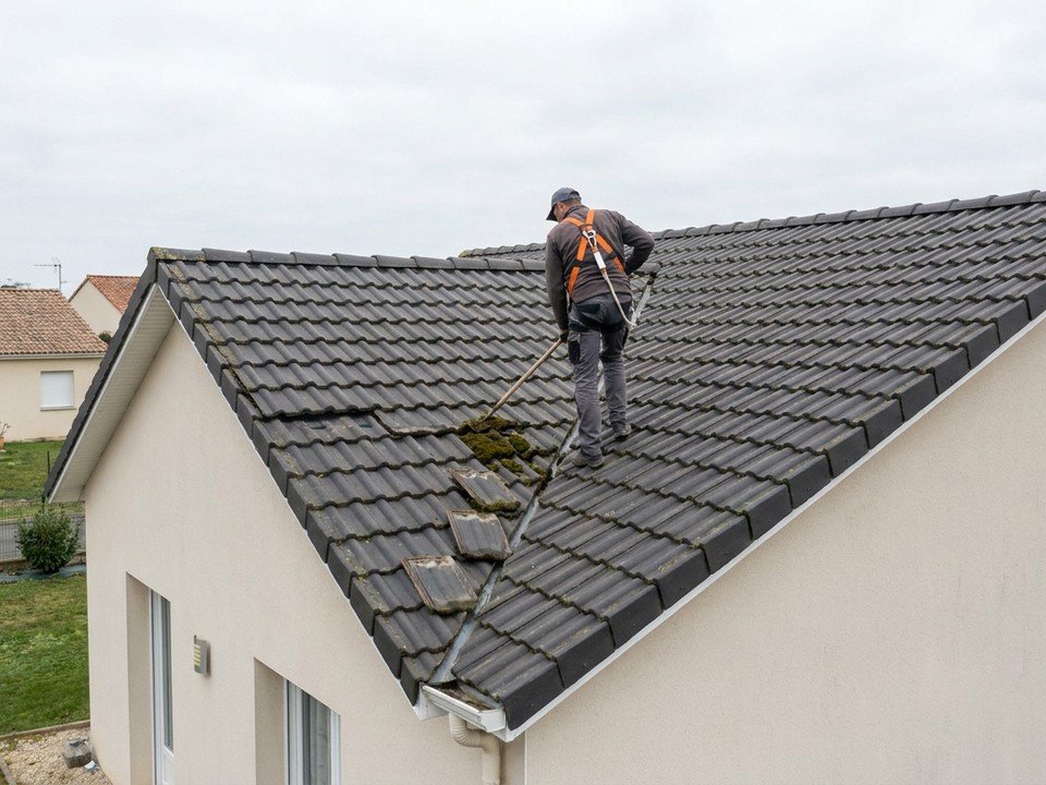 Couvreur marchant sur le versant en tuile béton d'une toiture pavillonnaire récente à Meyzieu pour repérer les tuiles déplacées et la mousse