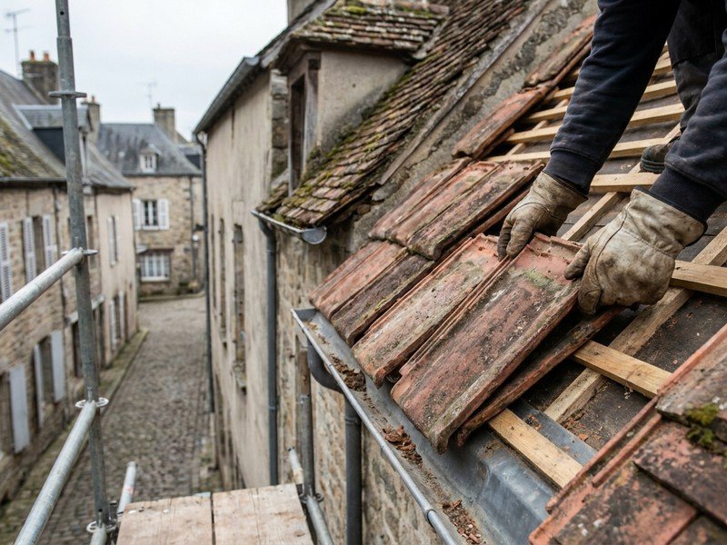 Repose d'une tuile ancienne réemployée sur le versant d'une maison de ville mitoyenne du centre-bourg d'Oullins pendant la réfection