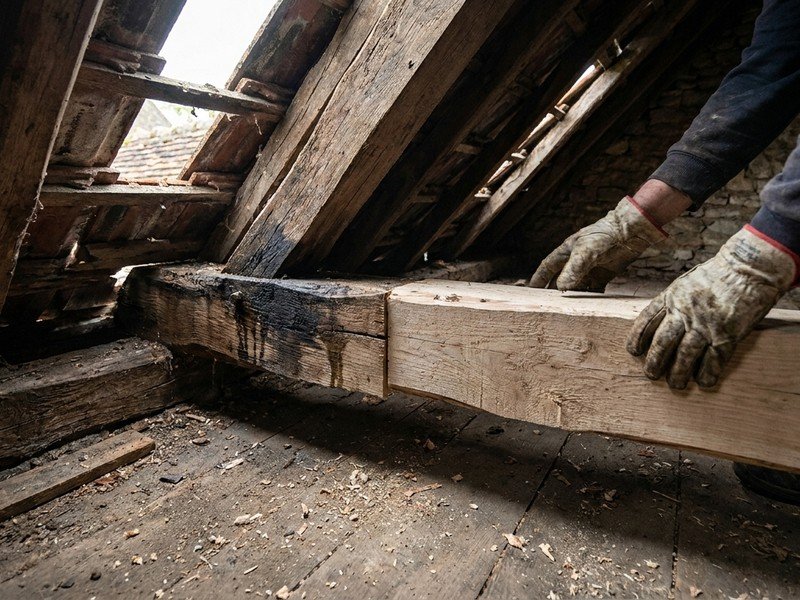 Reprise ponctuelle d'un chevron de charpente bois ancienne noirci par l'humidité sous la couverture déposée d'une maison de bourg d'Oullins