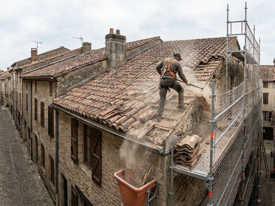 Couvreur déposant la tuile ancienne d'une maison de ville mitoyenne accolée à ses voisines dans une rue étroite du vieux bourg d'Oullins