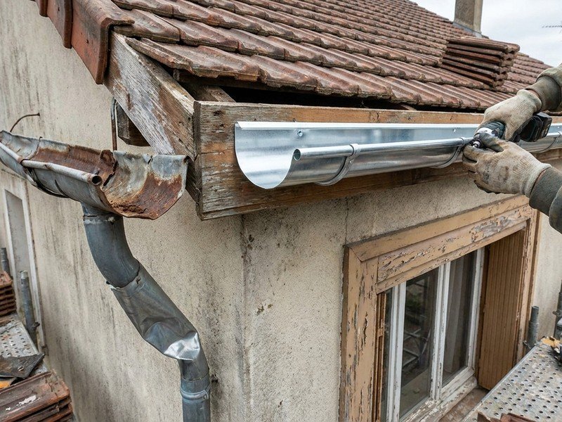 Remplacement des gouttières et descentes d'eau en fin de vie sur un pavillon de Saint-Priest pendant la réfection