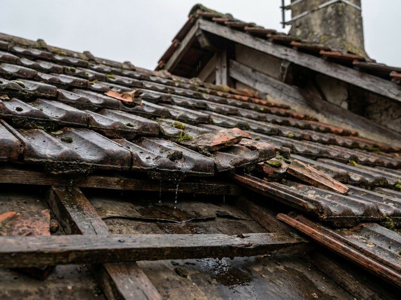 Tuiles poreuses et cassées laissant l'eau s'infiltrer sur une toiture ancienne de pavillon à Saint-Priest avant réfection