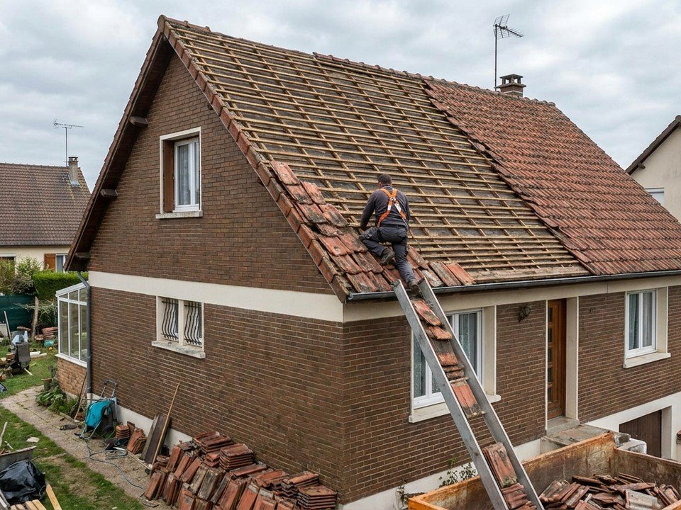 Couvreur déposant les vieilles tuiles poreuses d'une toiture de pavillon des années 70 en réfection à Saint-Priest