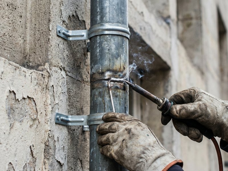 Reprise d'une descente d'eau pluviale en zinc sur la façade d'un immeuble des années 30 à Villeurbanne