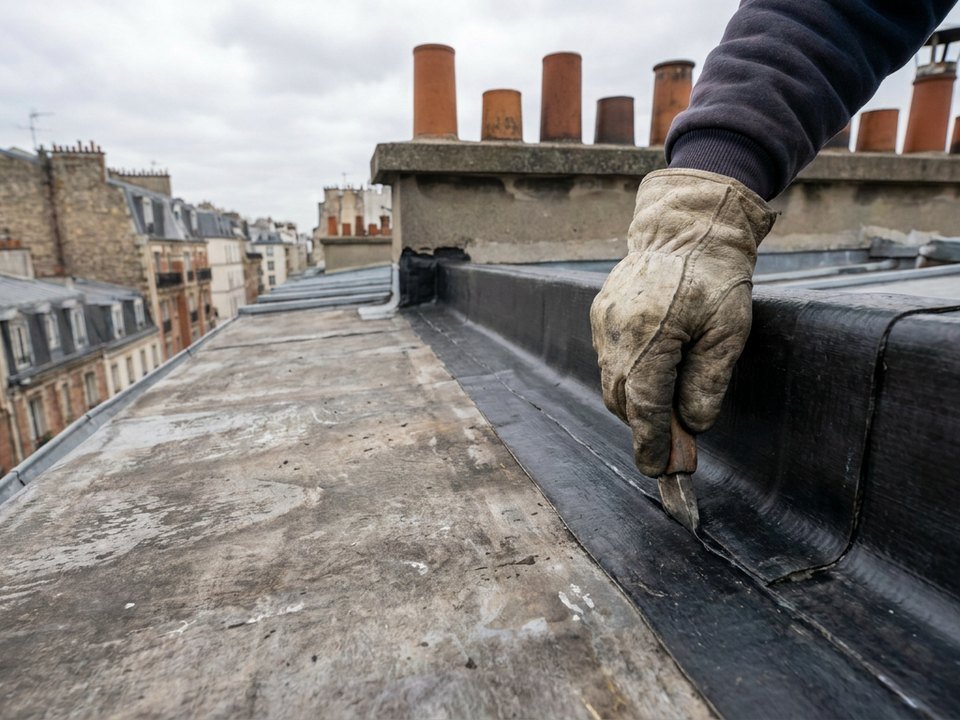 Couvreur inspectant l'étanchéité d'un toit-terrasse sur un immeuble en brique des années 30 à Villeurbanne