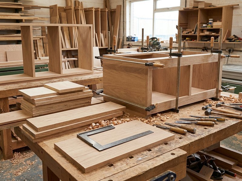 Caissons de cuisine sur mesure en cours de fabrication dans un atelier de menuiserie