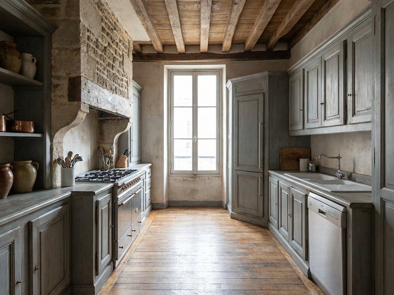 Cuisine sur mesure installée sous une pente de toit dans un appartement ancien lyonnais