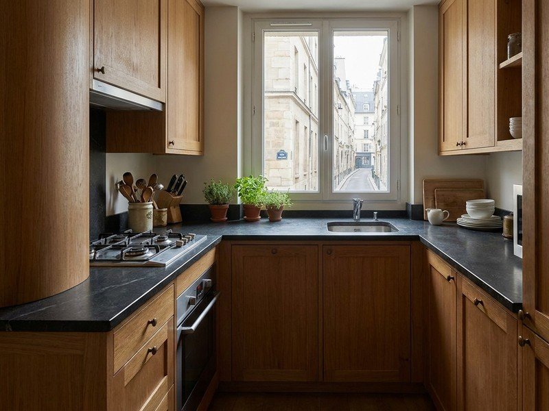 Petite cuisine d'appartement de grand ensemble à Bron réagencée en L, colonnes toute hauteur et plan de travail continu pour exploiter chaque centimètre