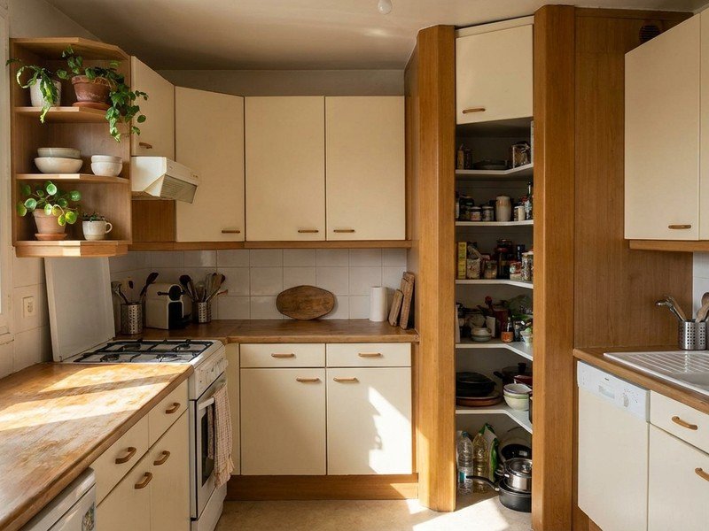 Petite cuisine d'appartement de grand ensemble à Bron optimisée en U, colonnes toute hauteur et rangements dans les angles, sans démolition