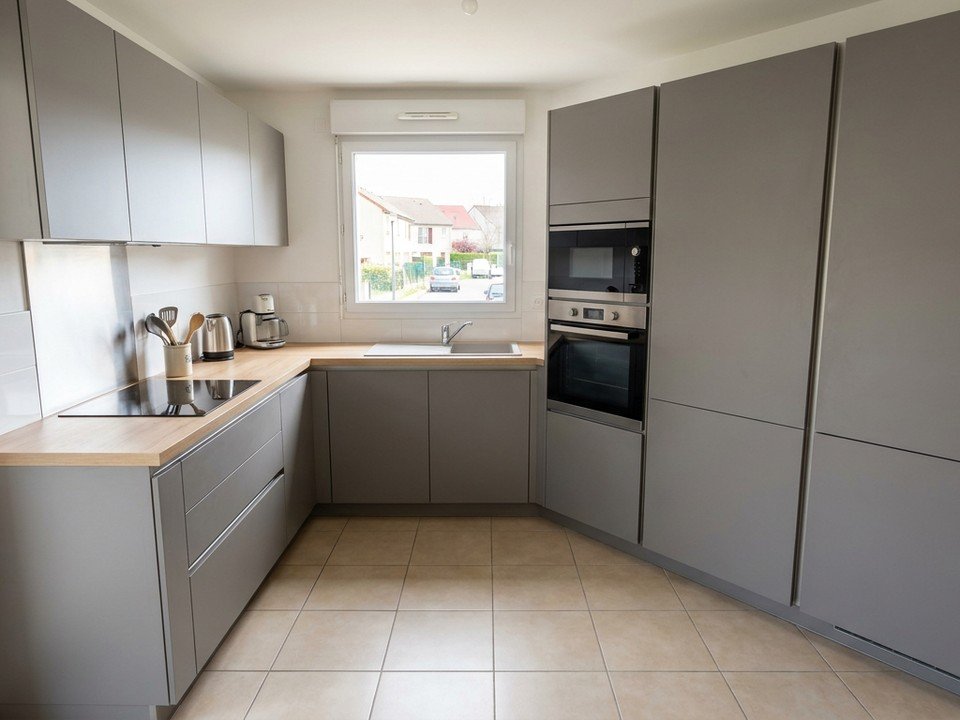 Cuisine équipée moderne et fonctionnelle posée dans un appartement de grand ensemble à Bron, agencement en L sur une surface contrainte, colonnes toute hauteur
