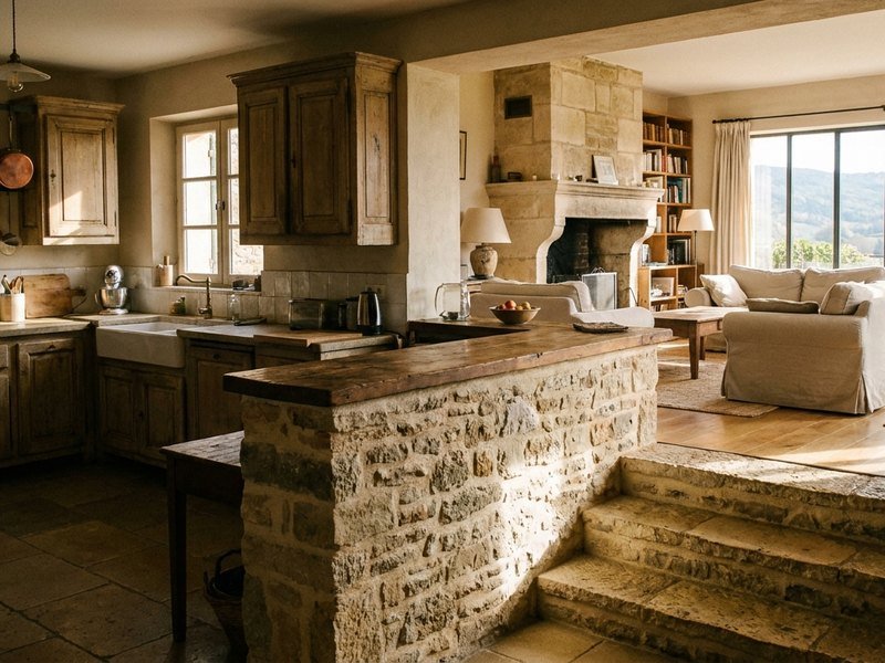 Cuisine reliée au séjour situé quelques marches plus bas par un plan snack posé sur le muret, dans une maison de Caluire