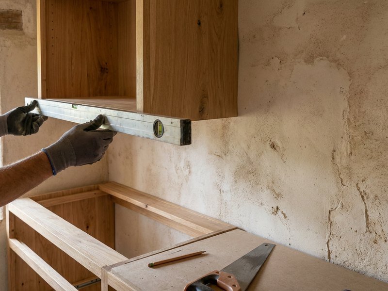 Cuisine sur mesure posée dans une maison ancienne de Caluire-et-Cuire aux murs irréguliers et à la retombée basse