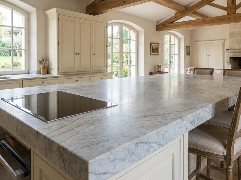 Grand îlot central généreux coiffé d'un plan de travail en pierre naturelle d'un seul tenant avec plaque à induction affleurante et tabourets, dans une cuisine ouverte d'une maison d'Écully