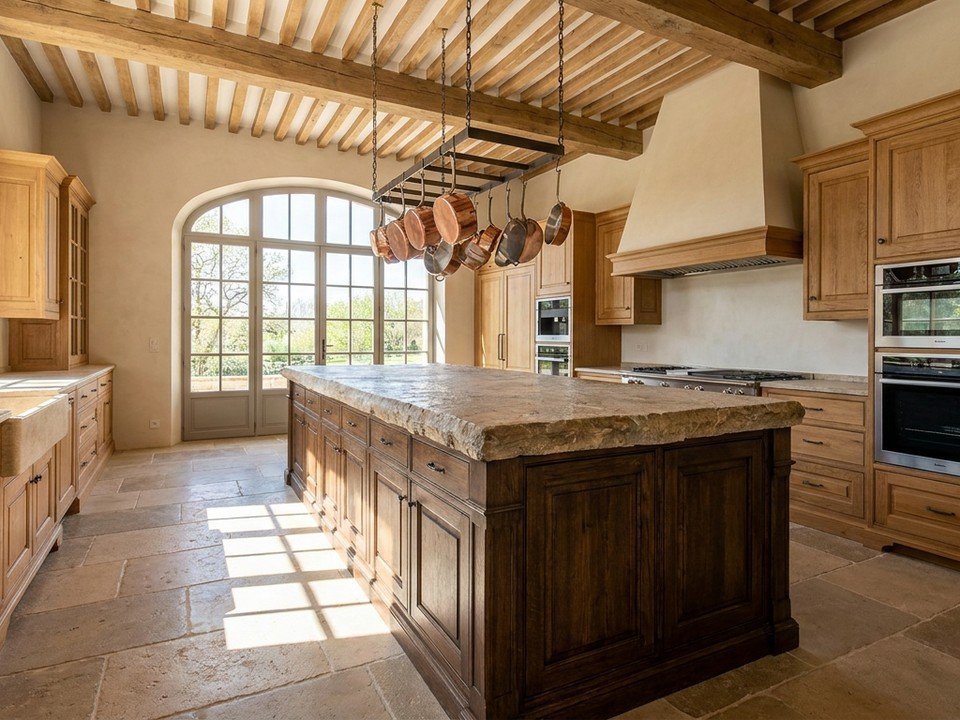 Cuisine haut de gamme sur mesure d'une maison de standing à Écully, grand îlot central en pierre naturelle, façades en bois massif et électroménager premium intégré, sous une grande hauteur sous plafond