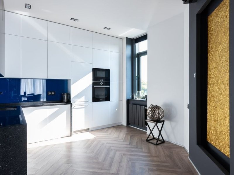 Cuisine contemporaine aux lignes épurées dans un appartement rénové de la Presqu'île à Lyon 2, façades laquées claires et crédence sombre